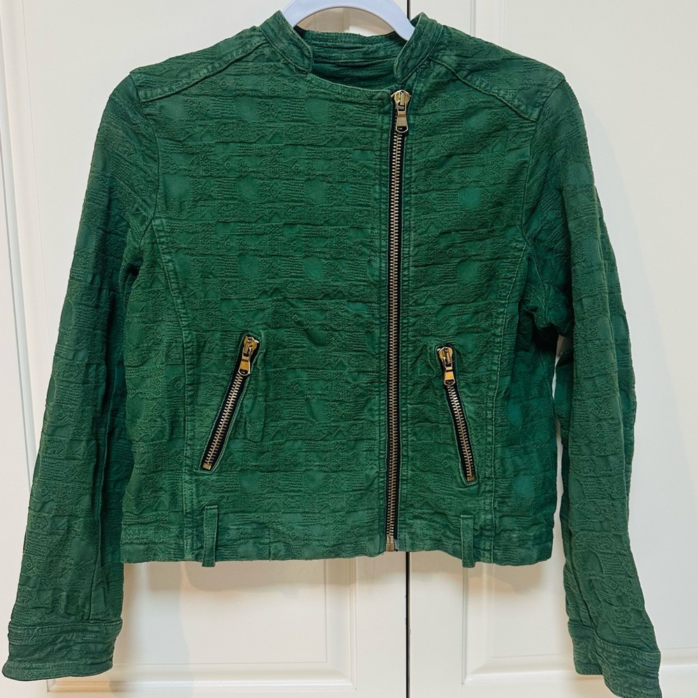 Zara Green Jacquard Moto Jacket
-Large
